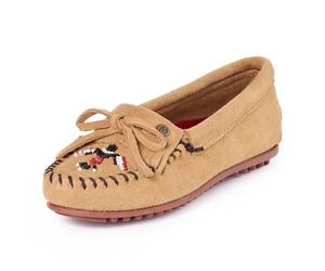 Minnetonka Women s Thunderbird Animikii Hardsole Moccasins for Women with a Classic Leather Moccasin Silhouette, Cushioned Footbed, and Beaded Moccasin Design, Taupe, Size 6