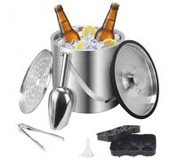 Minnhua 3L seau a glacon seau a champagne sceaux à glace et rafraîchisseur Double Paroi seau à glaçons isotherme en Acier Inoxydable avec Couvercle Pince Pelle cubes de glace et passoire