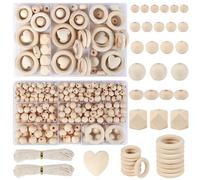 Minnhua Kit de 416 Perles en Bois Naturel Non Peintes - Anneau et Perle Plate pour Bricolage, Fabrication de Bijoux, Artisanat et Macramé avec Cordes