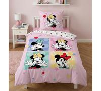 Minnie Mouse Housse de Couette 140x200 + Taie 65x65 Coton Rose Disney Fille | Parure de lit réversible 1 personne | Quatre portraits pop-art de Minnie | Licence Disney | Fille 3-10