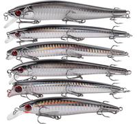 Minnow Crankbait Artificial Fishing Lures,Hard Bait Plugs,Popper Jerkbait With Triple Hook For Surf,Surf,Bass,Salmon,Saltwater,Freshwater Black And Silver (6 Pack)