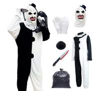 Mino Plus Costume Clown Tueur,Halloween Costume Clown Tueur,masque de terrifieurHomme avec Combinaison Noire Blanche et Chapeau de Clown Masque pour Halloween Carnaval (Enfants -XL)
