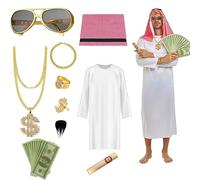 Mino Plus deguisement arabe homme,costume le cheik,Déguisement Arabe Cheik Avec turban,Bague,Collier,Bracelet,Lunettes de soleil,d'Halloween Cosplay Carnaval Fêtes Déguisement (B, L)
