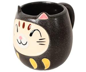 Mino ware CPM021 Tasse en poterie japonaise Motif chat Daruma Fabriqué au Japon Noir mat