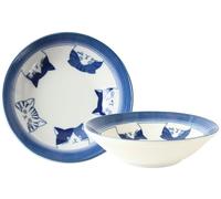 Mino ware GBS204 Lot de 2 assiettes rondes en céramique japonaise avec 5 têtes de chat Blanc/bleu