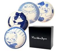 MINO WARE JAPAN Nekochigura Lot de 4 petites assiettes japonaises en céramique Motif chats mignons pour apéritif dessert sushi sauce soja 10 x 2 cm