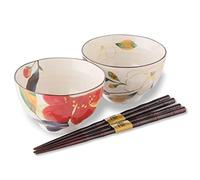 Mino Ware Lot de 2 bols à riz japonais avec baguettes 200 ml - Bol de cuisine moderne pour dessert, céréales, salade, soupe, udon - Fabriqué au Japon