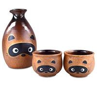 Mino Ware Traditional Japanese Sake Set, Tokkuri Bottle and 2 Ochoko Cups, Tanuki Japanese Racoon Dog