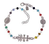 Minoplata Bracelet en argent et pierres colorées Croix de Caravaca, Miraculeuse et Saint Benoît en argent