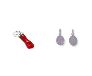 Minoplata Set amulettes en argent 925 Figue rouge et médaille miraculeuse | Design 3D unisexe, finition polie miroir, capuchon texturé, hypoallergénique, porte-bonheur