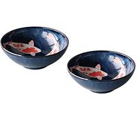 Minorutouki Lot de 2 bols japonais Mino-yaki en céramique - Taille XL - Pour ramen - Fabriqué au Japon - 21,5 cm - Motif carpe rouge porte-bonheur - Noir