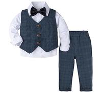 mintgreen Costume Bebe Garcon Mariage, Bébé Tenue à Plaid Gentleman Ensemble de Vêtements Manches Longues Chemise + Gilet + Pantalon + Nœud Papillon, Marin, 3-4 Ans, 110