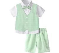 mintgreen Costume Enfant Garcon Mariage, Bambin Monsieur Tenues Formel Manches Courtes Chemise Pantalon Gilet Nœud Papillon Set, Vert Menthe, 10-11 Ans, 150