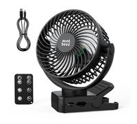 Minthouz Ventilateur portable USB rechargeable 12000 mAh avec clip et télécommande, 45H d'autonomie, silencieux, 3 vitesses, lumière LED, rotation à 360°, minuteur, pour bureau, camping et poussette