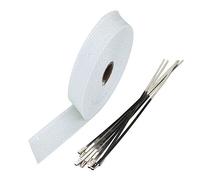 Mintice 2.5CM X 5M Fibre de Verre Blanc Moto Bande Thermique Echappement Ruban Ruban d'enveloppe de Tuyau d'échappement de Course Isolant Voiture 6 Attaches