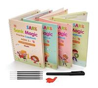 Mintile Sank Magic Practice Copybook (4 livres + 10 Réfills) Number Tracing Book for Preschoolers with Pen, Magic Calligraphy Copybook Set pratique réutilisable Writing Tool Simple Hand Lettering