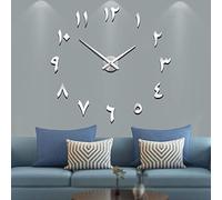 Mintime Mute DIY Horloge Murale sans Cadre avec Chiffres Arabes 3D Miroir Autocollant Décoration de Maison Bureau (Argenté)