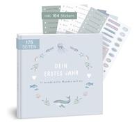 mintkind My First Year Album pour bébé Baleine Bleu - Journal de bébé doux avec 176 pages et lot d'autocollants pour les souvenirs précieux de la première année de vie, couverture rigide, conçu avec