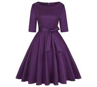 MINTLIMIT Robe de thé vintage des années 1950 avec ceinture et poches pour femme - Motif floral rétro, Manches mi-longues unies violettes, L