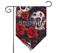 Mintoprints Drapeau de bienvenue floral avec tête de mort - 30,5 x 45,7 cm - Double face - Squelette gothique - Rose rouge - Losange - Décoration extérieure