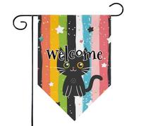 Mintoprints Drapeau de jardin bienvenue chat noir 30,5 x 45,7 cm double face arc-en-ciel mignon chat losange cour drapeau extérieur décoration
