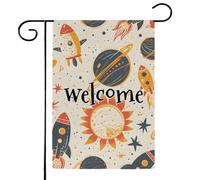 Mintoprints Drapeau de jardin bienvenue motif vaisseau spatial étoilé 30,5 x 45,7 cm double face avec planètes mignonnes pour décoration extérieure
