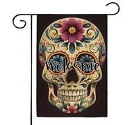 Mintoprints Drapeau de jardin « Day of the Dead Welcome » - 30,5 x 45,7 cm - Double face - Tête de mort - Drapeau de jardin d'Halloween pour décoration extérieure