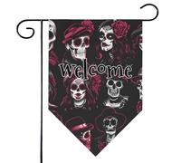 Mintoprints Drapeau de jardin de bienvenue en forme de tête de mort 30,5 x 45,7 cm double face floral Halloween gothique losange drapeau extérieur décoration