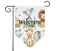 Mintoprints Drapeau de jardin motif lion, éléphant, girafe, animaux de dessin animé, mignon, bienvenue, 30,5 x 45,7 cm, double face, motif losange, cour, extérieur, drapeau