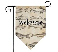 Mintoprints Drapeau de jardin vintage avec poisson bienvenue 30,5 x 45,7 cm Double face Poissons Dessin Lozenge Yard Drapeau extérieur Décoration