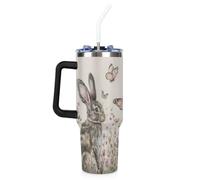 Mintoprints Funny Rabbit Gobelet isotherme en acier inoxydable avec poignée et couvercle à paille - 1200 ml