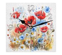 Mintoprints Horloge murale florale colorée en forme de coquelicot 30,5 cm Horloge carrée silencieuse sans tic-tac fonctionne à piles pour décoration de salon