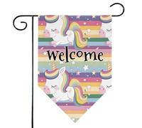 Mintoprints Joli drapeau de bienvenue licorne 30,5 x 45,7 cm double face étoiles licorne arc-en-ciel pastille cour drapeau extérieur décoration