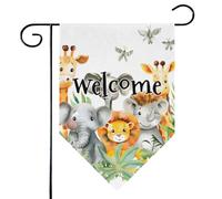Mintoprints Joli drapeau de jardin bienvenue éléphant girafe lion 30,5 x 45,7 cm double face losange cour extérieur drapeau décoration