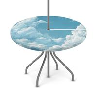 Mintoprints Nappe ronde nuages blancs avec trou pour parapluie, nappe de table élastique, protection ronde avec fermeture éclair, 115 à 142 cm, nappe d'extérieur pour terrasse, pique-nique