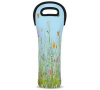 Mintoprints Sac fourre-tout coloré en néoprène pour bouteille de vin Motif fleurs sauvages papillons et plantes Pour voyage, pique-nique, fête