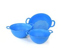 Mintra Home Lot de 3 passoires en plastique de 3, 3,5 et 5 litres (bleu) avec poignées solides et bol profond, sans BPA, utilisation pour pâtes, nouilles, spaghettis, légumes (tailles assorties, 3