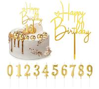 MINUBIN 11 Pièces Happy Birthday Décoration de Gâteau avec 0 à 9 Bougies, Cake Topper pour Décoration de Fête d'Anniversaire Baby Party (Dorée)