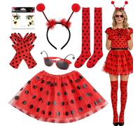 MINUBIN Deguisement Coccinelle Femme Carnaval, Costume Ladybug avec Bandeau, Gants, Tatouage Facial, Déguisement Accessoires Set pour Fête d'Carnaval Halloween Cosplay (B)