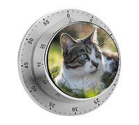 Minuteur de cuisine en forme de chat gris et blanc - Minuteur visuel mécanique en acier inoxydable avec base magnétique - Minuteurs à œufs durs pour œufs durs - Compte à rebours de 60 minutes