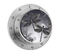 Minuteur de Cuisine mécanique 60 Minutes avec Base magnétique, Rond, libellules, Gris, Manuel, en Acier Inoxydable pour la Maison