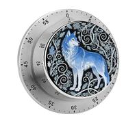 Minuteur de cuisine mécanique magnétique en acier inoxydable 304 70 dB avec alarme puissante et base magnétique sans pile 60 minutes - Imprimé loup bleu - Minuteur à rebours - Mini minuteur à remonter