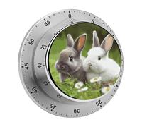 Minuteur de cuisine multifonction en acier inoxydable avec deux petits lapins mignons, chronométrage précis, portable et alarme puissante pour la cuisine, les études, l'exercice