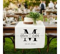 MINXLTD Chemin De Table De Mariage Personnalisé, Panneau De Mariage en Lin De Coton Personnalisé avec Initiales, Noms Et Date, Bannière Juste Mariée, Décor De Tables Chérie(125x150 cm)
