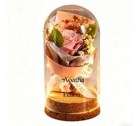 MINXLTD Rose Rose Préservée Personnalisée dans Un Dôme en Verre avec Lumières LED, Fleurs Éternelles for Femme, Texte Personnalisable, Floral Romantique, Cadeau d'anniversaire