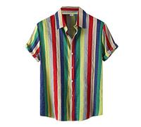 MINYA Chemise Hawaïenne à Manches Courtes Rayures pour Homme, Chemises Hommes Fit Slim Pas Cher Imprimé Carreaux Décontracté Regular Boutons Grande Taille Blouse Tops Plage