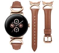 Minyee Bracelet en cuir compatible avec Google Pixel Watch 4/3 41 mm/Pixel Watch 2/1 pour femme, bracelet fin et habillé en cuir de qualité supérieure avec boucle en métal en forme de C, marron/or