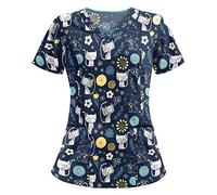 MINYING Blouse de Travail Femme Blouse de Soignant Vêtements Médicals Garde-Malade Infirmière Uniforme Haut avec Deux Poches Imprimé T-Shirt à Manches Courtes Col en V
