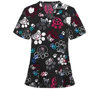 MINYING Blouse de Travail Femme Blouse de Soignant Vêtements Médicals Garde-Malade Infirmière Uniforme Haut avec Deux Poches Imprimé T-Shirt à Manches Courtes Col en V