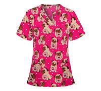 MINYING Blouse de Travail Femme Blouse de Soignant Vêtements Médicals Garde-Malade Infirmière Uniforme Haut avec Deux Poches Imprimé T-Shirt à Manches Courtes Col en V